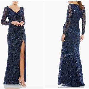 MAC DUGGAL 12412 SEQUIN LONG SLEEVE RUCHED V-NECK MIDNIGHT NAVY GOWN sz 10